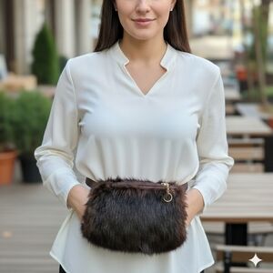 Elegant Brown Fur Women Bag Hand warmer Vintage Pocket